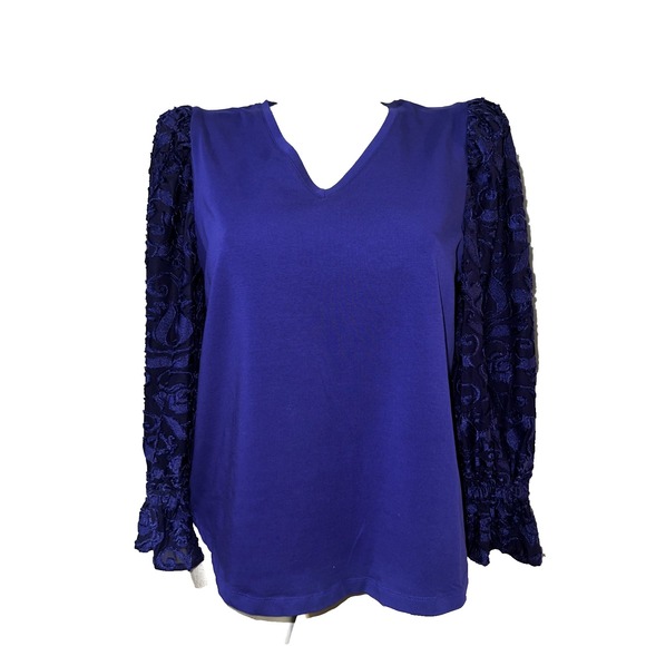 Chico's Tops - Chicos Royal Purple V-Neck Top Sheer Embroidered Mesh Long Sleeve Size (2) Large